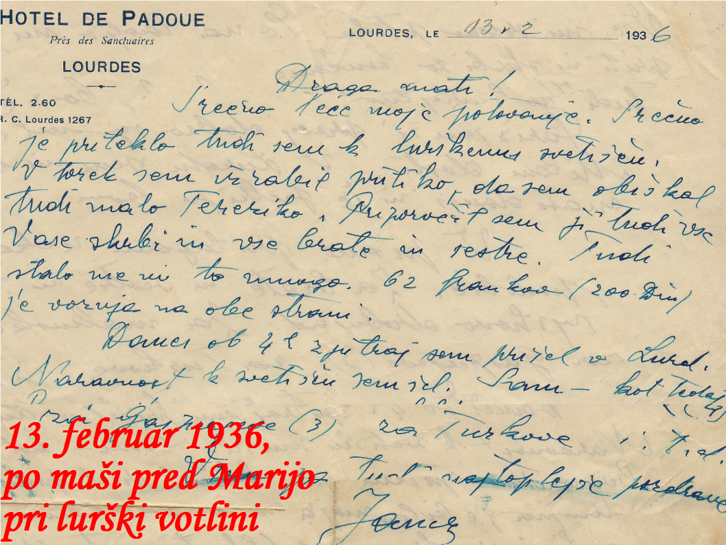 Janez Hladnik, pismo materi 13. februar 1936, po maši pred Marijo pri lurški votlini