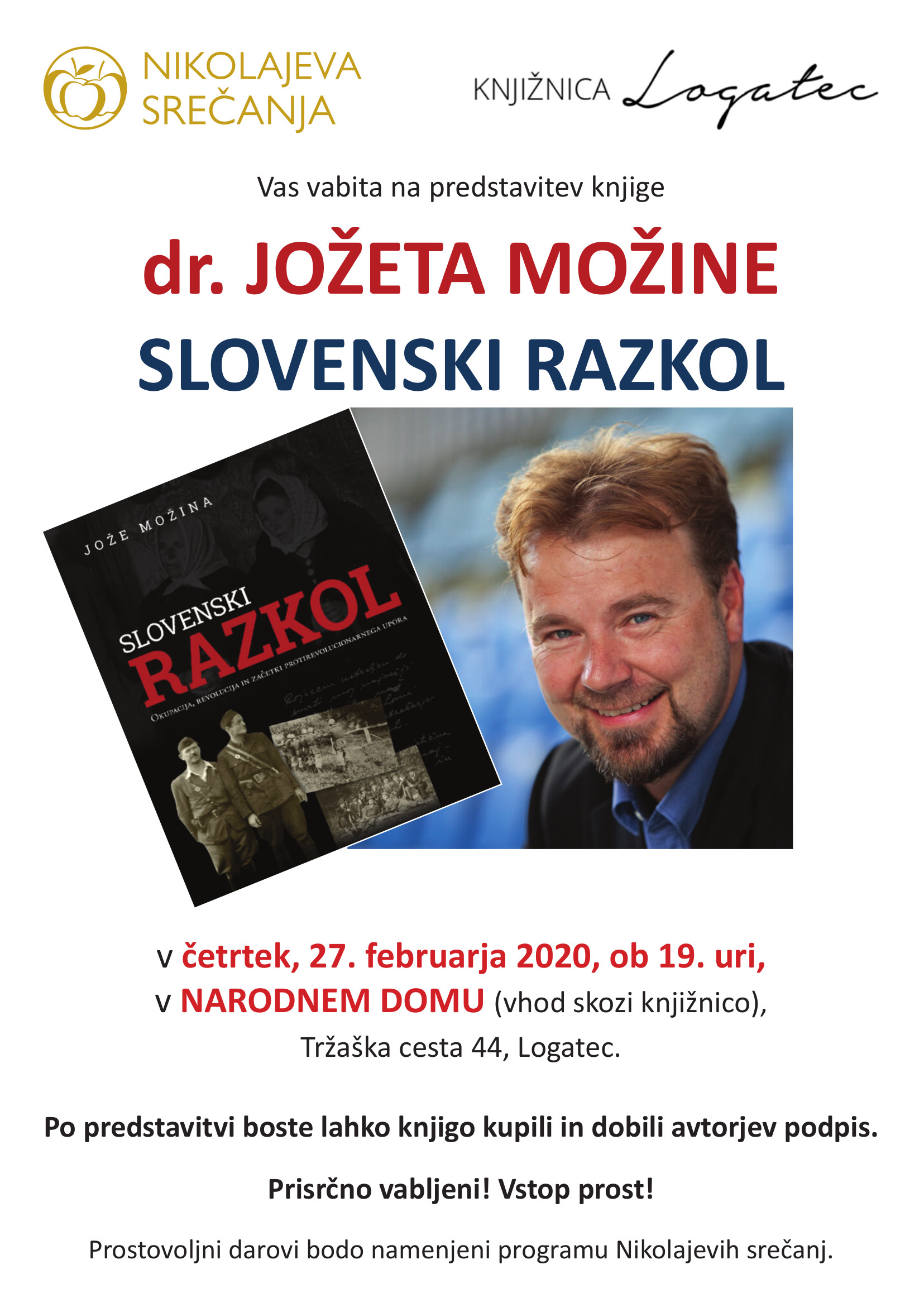 Nikolajeva srečanja in knjižnica Logatec, predstavitev knjige SLOVENSKI RAZKOL, dr. Joze Mozina Logatec 27. februar 2020